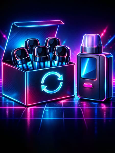 Låda med förfyllda pods och vape kit vid sidan i neonljus