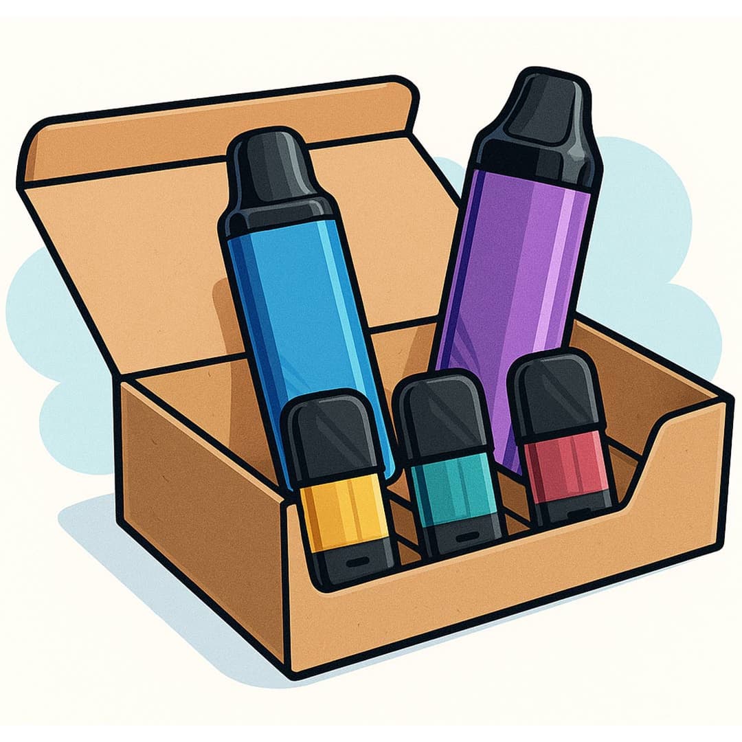 Illustration av låda med olika vape-produkter