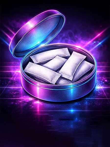 Vitt snus tobaksfritt i neonljus.