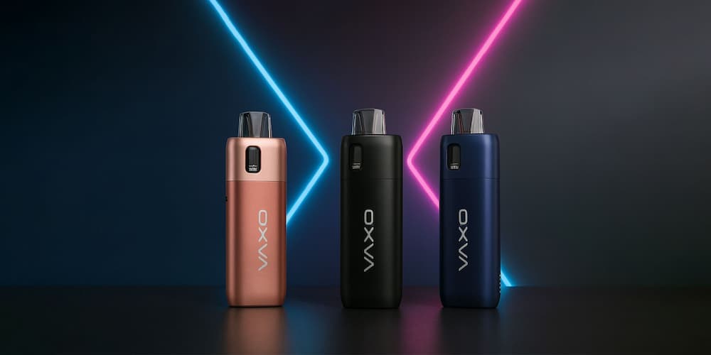 Oxva oneo vape kit på mörk neon bakgrund