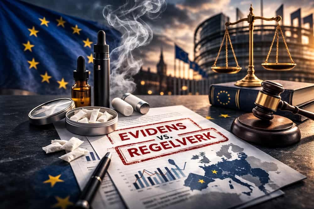 EU-flaggor framför en EU-byggnad med nikotinprodukter som e-cigarett och nikotinpåsar i förgrunden, illustrerar debatten om EU:s reglering av nikotinprodukter.