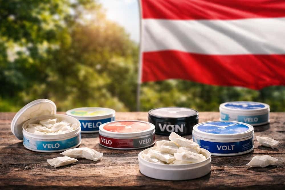 Österrike flagg och vitt snus i dosor