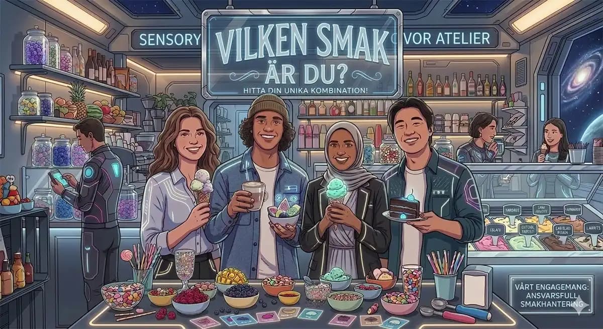 Grupp med människor i rymdskepp cafeteria som testar olika smaker