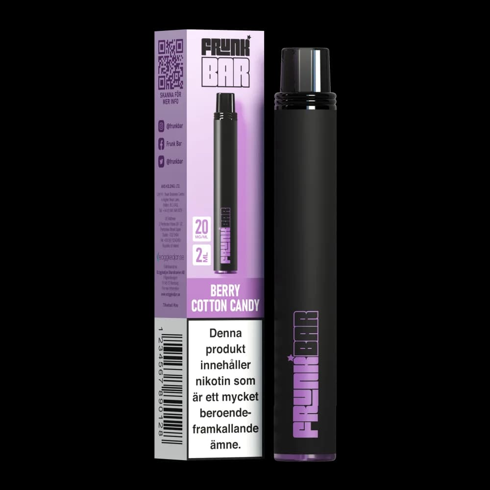 Frunk Bar Berry Cotton Candy 20mg – engångsvape med förpackning.