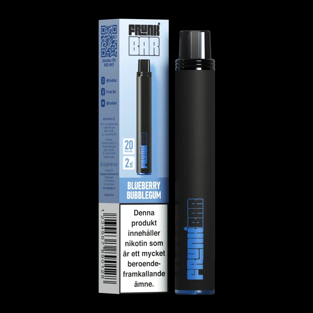 Frunk Bar Blueberry Bubblegum 20mg – engångsvape med förpackning.