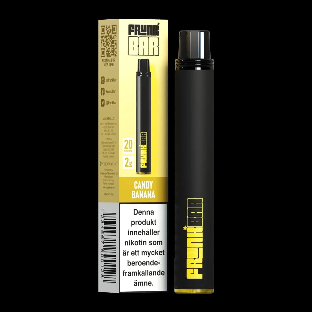 Frunk Bar Candy Banana 20mg – engångsvape med förpackning.