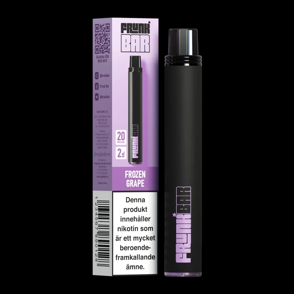 Frunk Bar Frozen Grape 20mg – engångsvape med förpackning.