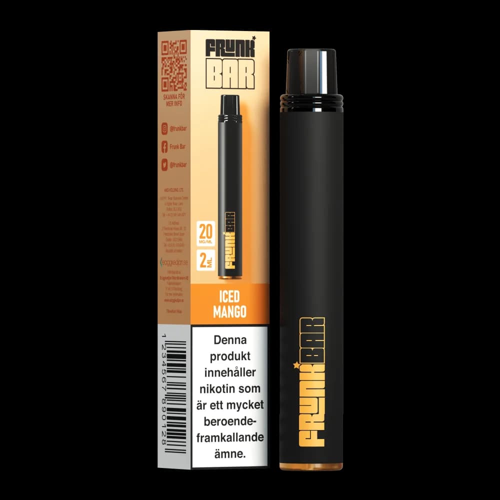 Frunk Bar Iced Mango 20mg – engångsvape med förpackning.