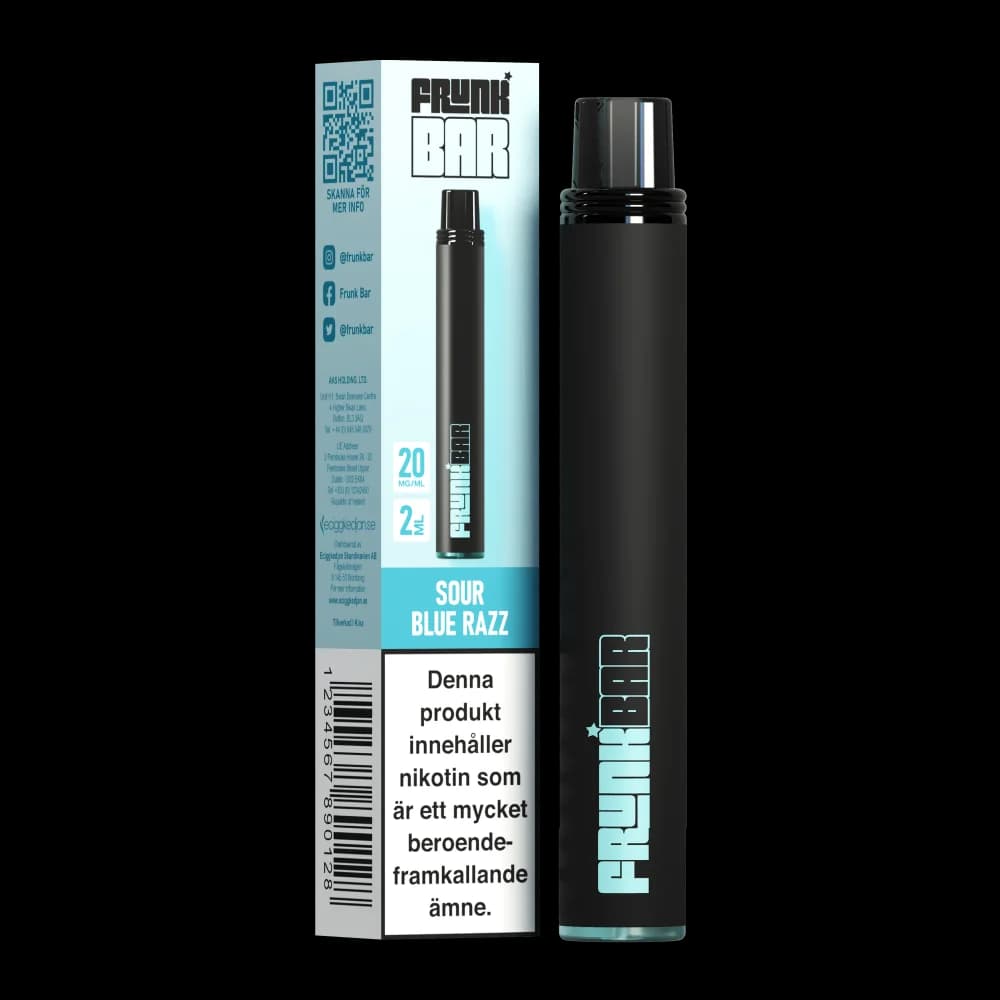 Frunk Bar Sour Blue Razz 20mg – engångsvape med förpackning.