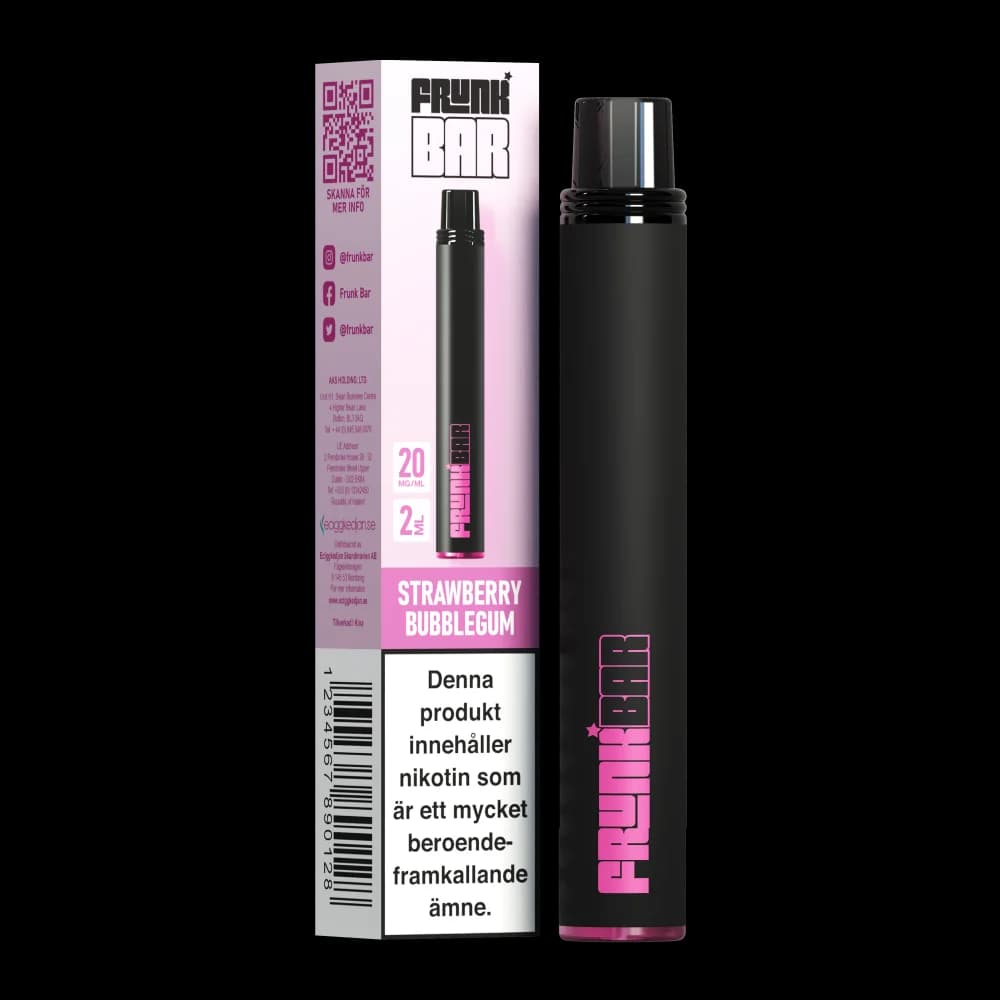 Frunk Bar Strawberry Bubblegum 20mg – engångsvape med förpackning.