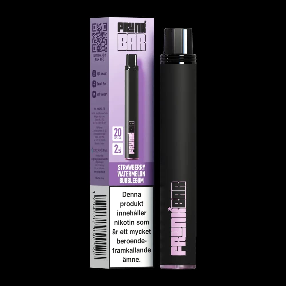 Frunk Bar Strawberry Watermelon Bubblegum 20mg – engångsvape med förpackning.