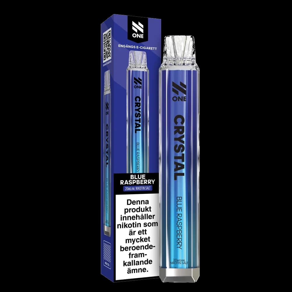 N One Crystal Blue Raspberry 20mg – engångsvape med förpackning.