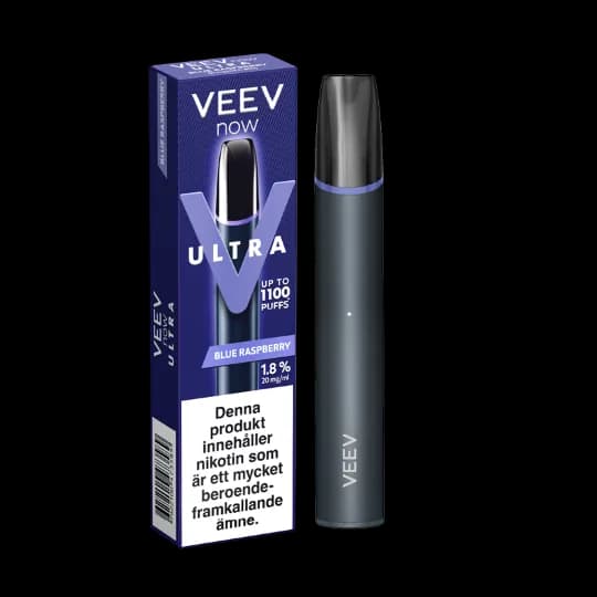 Veev Now Ultra Blue Raspberry 20mg – engångsvape med förpackning.