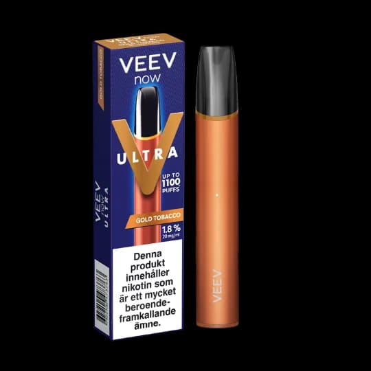 Veev Now Ultra Gold Tobacco engångsvape och förpackning