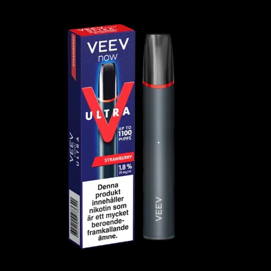 Veev Now Ultra Strawberry 20mg – engångsvape med förpackning.