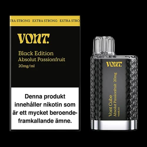 Vont Cube Black Edition Absolut Passionfruit 20mg – engångsvape med förpackning.