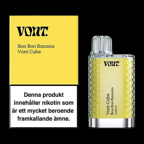 Vont Cube Bon Bon Banana 20mg – engångsvape med förpackning.