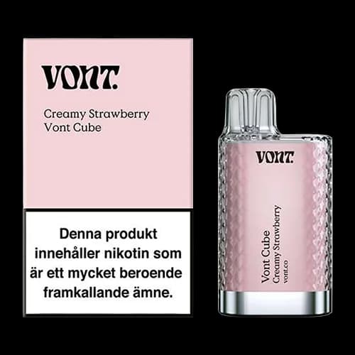 Vont Cube Creamy Strawberry 20mg – engångsvape med förpackning.